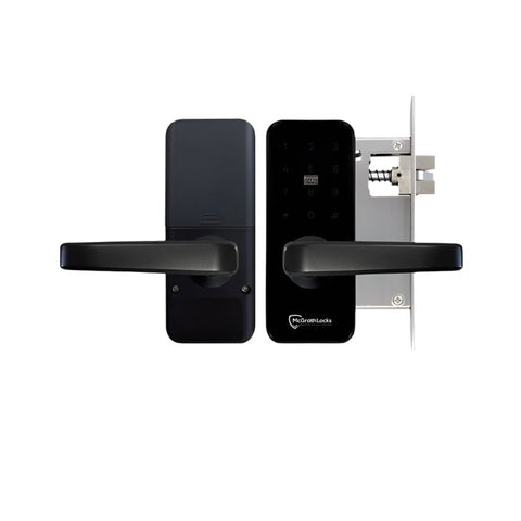 Black door handle and lock set on a white background