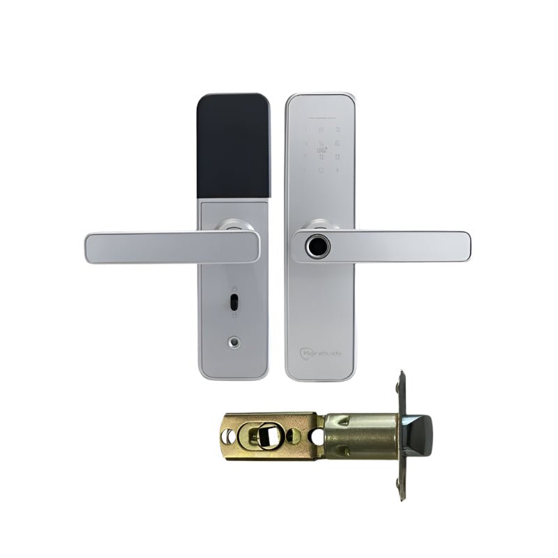 Silver door handle and lock mechanism on a white background