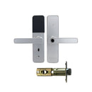 Silver door handle and lock mechanism on a white background