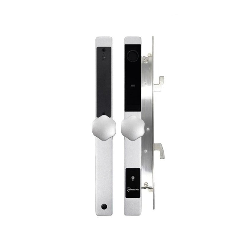 Digital door lock with electronic components on a white background