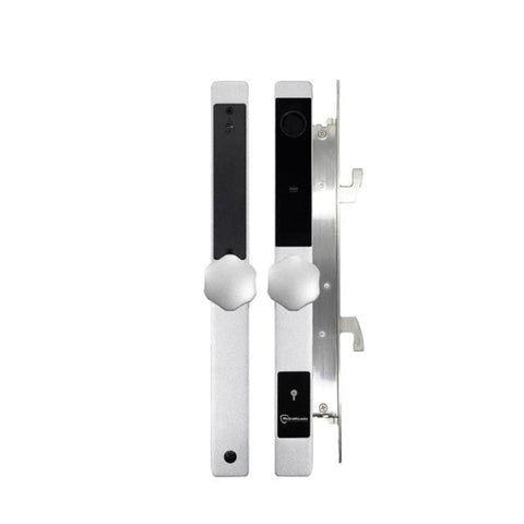 Digital door lock with electronic components on a white background