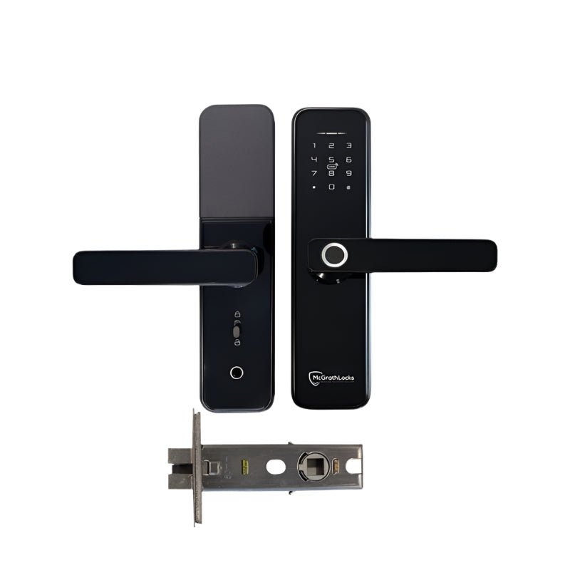 Black digital door lock set on a white background