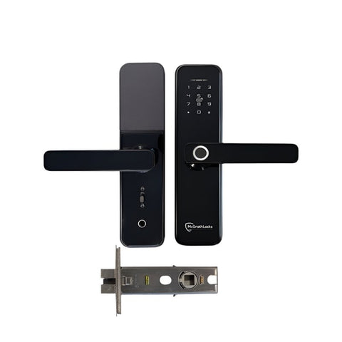 Black digital door lock set on a white background
