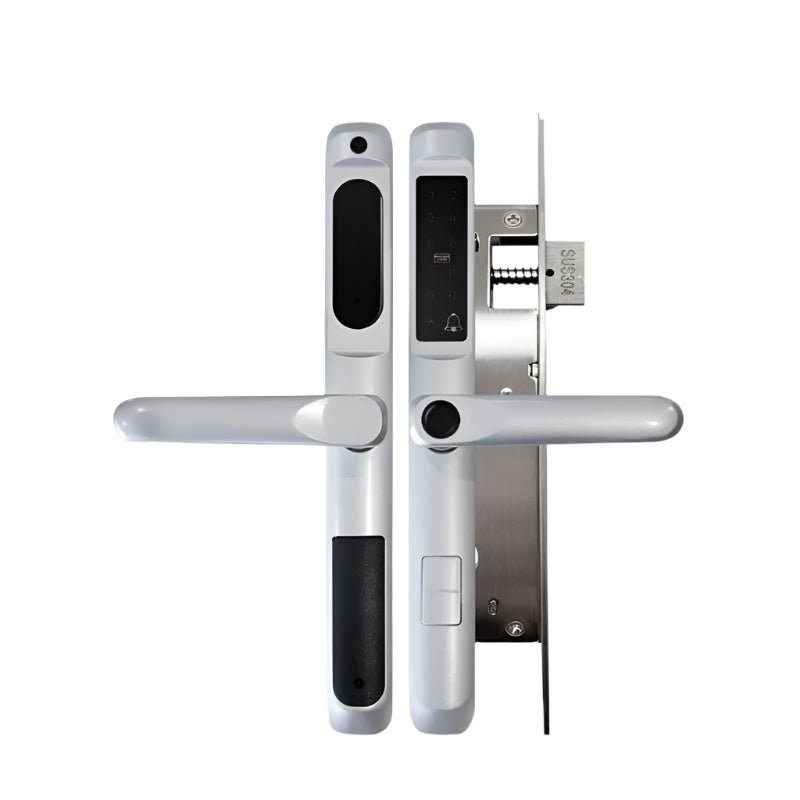 Digital door handle with electronic lock mechanism on a white background