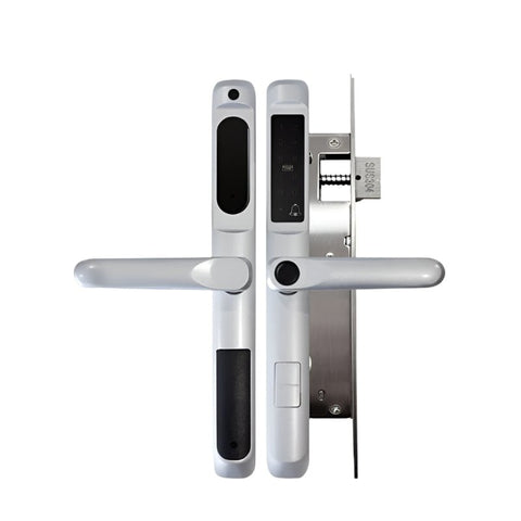 Digital door handle with electronic lock mechanism on a white background