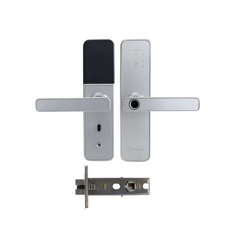 Set of silver door handles and lock mechanism on a white background