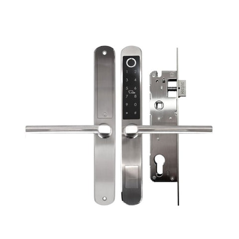 Digital door handle with electronic lock mechanism on a white background