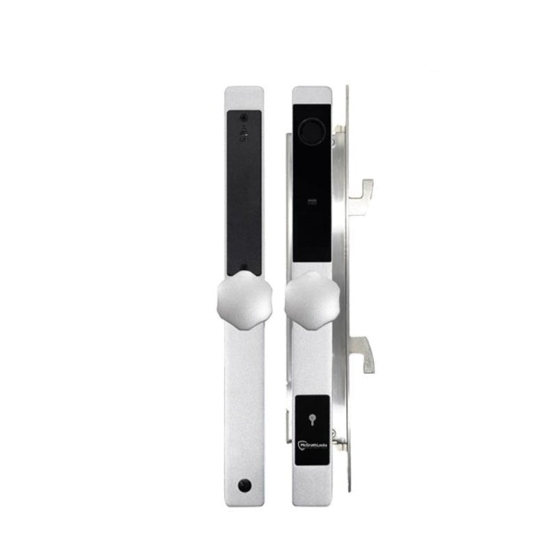 Digital door lock with electronic components on a white background