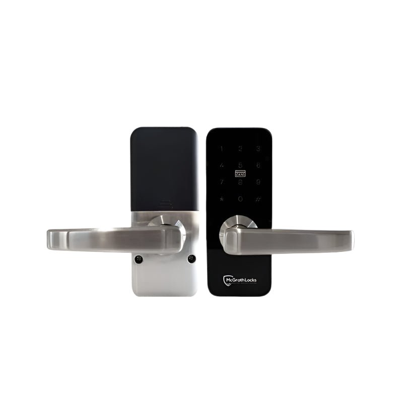 Digital door handle with electronic keypad on a white background