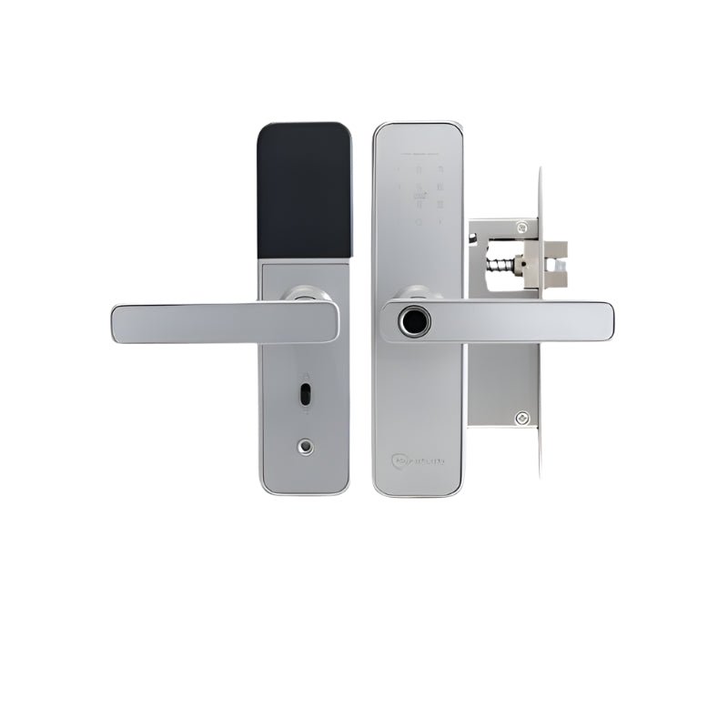 Silver door handle and lock mechanism on a white background