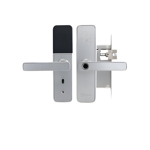 Silver door handle and lock mechanism on a white background