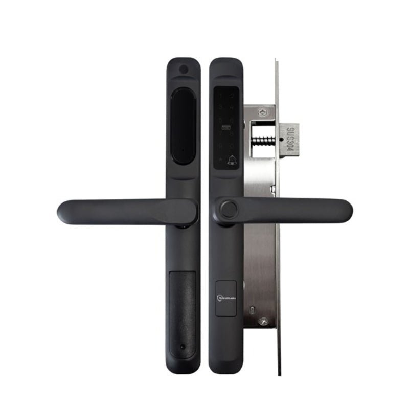 Black door handle with electronic lock mechanism on a white background