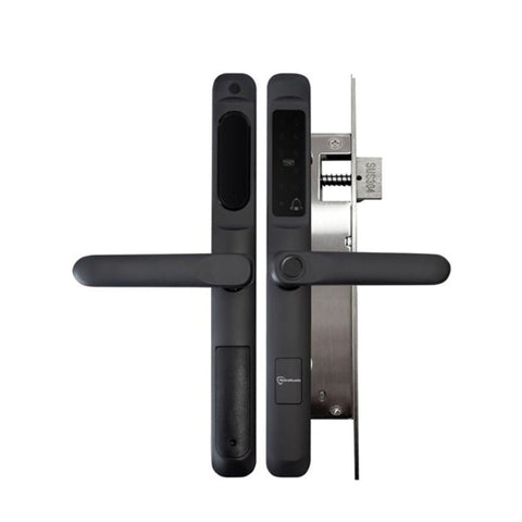 Black door handle with electronic lock mechanism on a white background