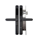 Black door handle with electronic lock mechanism on a white background