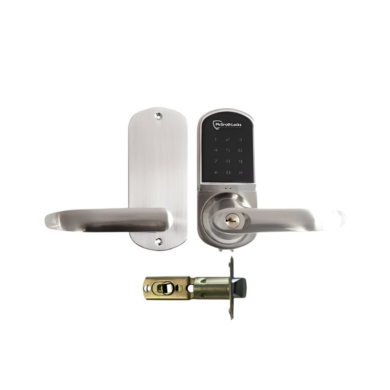 Stainless steel door handle with electronic lock on a white background