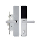 Silver door handle with electronic keypad on a white background