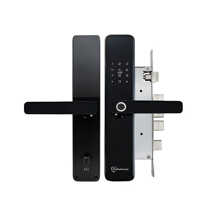 Black digital door lock with electronic keypad on a white background