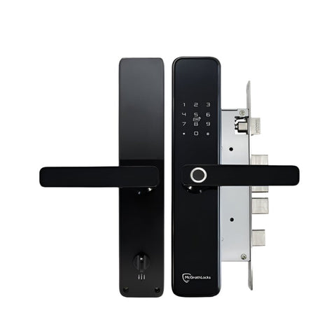 Black digital door lock with electronic keypad on a white background