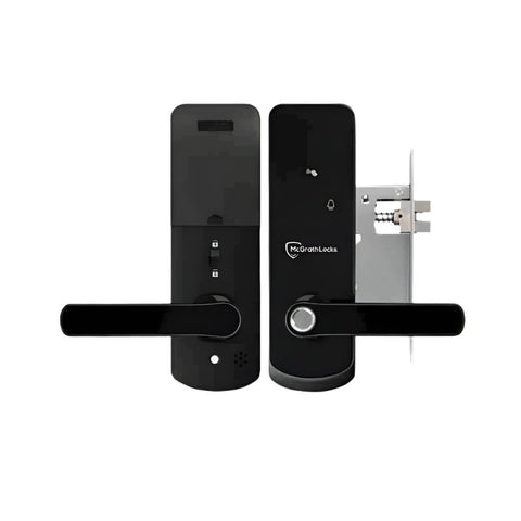 Black door lock set with digital keypad on a white background