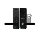 Black door lock set with digital keypad on a white background