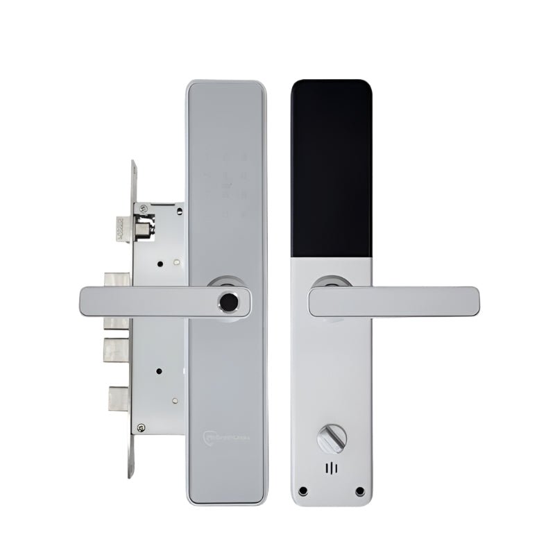 Silver door handle with electronic keypad on a white background