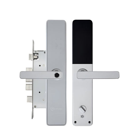 Silver door handle with electronic keypad on a white background