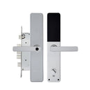Silver door handle with electronic keypad on a white background