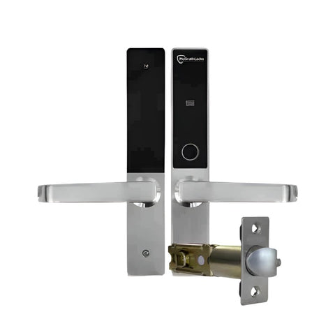 Digital door lock with metallic handle and electronic components on a white background