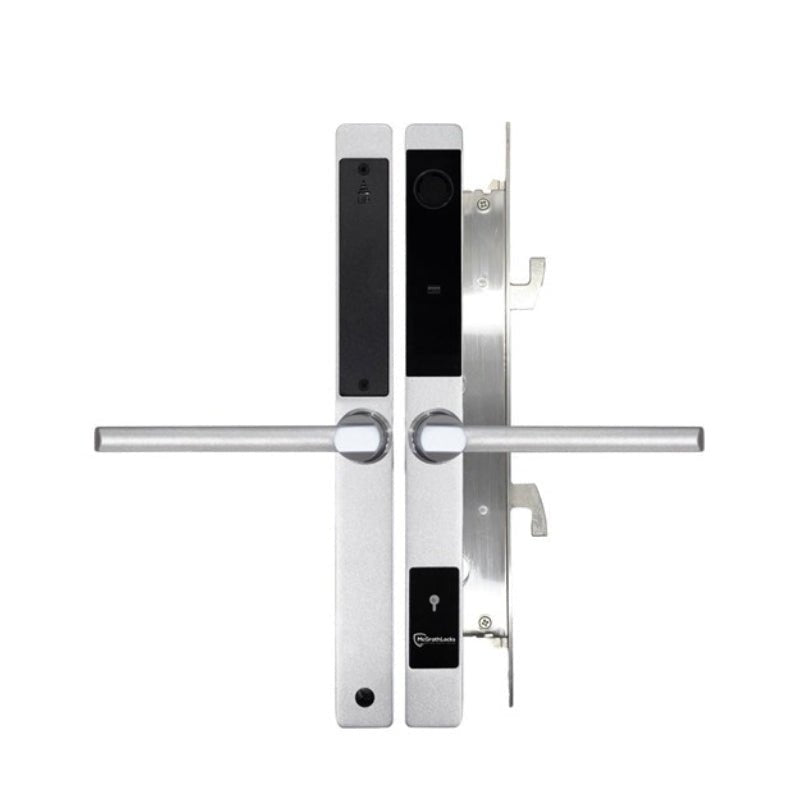 Digital door handle with electronic components on a white background