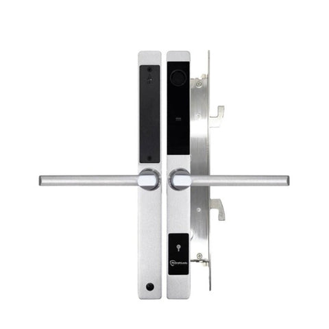 Digital door handle with electronic components on a white background