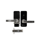 Black electronic door handle set with lock mechanism on a white background