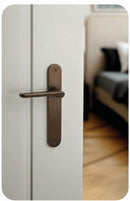 Close-up of a door handle on a white door with a blurred room in the background
