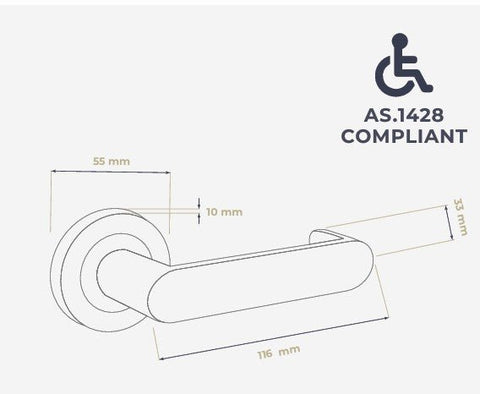Door handle with dimensions and AS.1428 compliance symbol on a white background