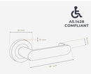 Door handle with dimensions and AS.1428 compliance symbol on a white background