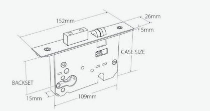 Technical draing of a roller mortice lock