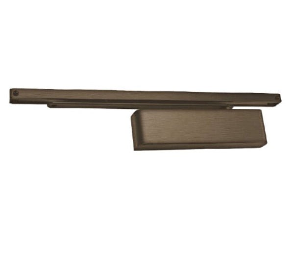 Slide arm bronze door closer on a white background