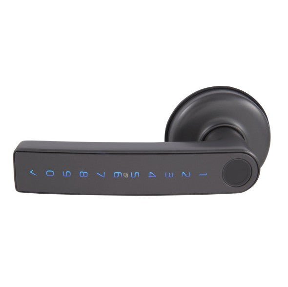 Black electronic door handle with digital keypad on a white background