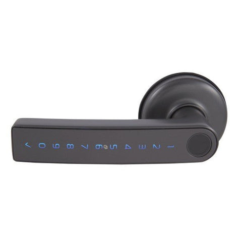 Black electronic door handle with digital keypad on a white background
