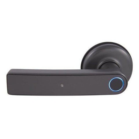 Black electronic door handle with a blue light on a white background