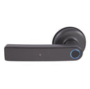 Black electronic door handle with a blue light on a white background