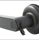Close-up of a modern door handle with USB port on a white background