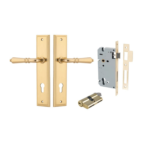 IVER Sarlat Door Lever Handle On Stepped Backplate | Entrance Kit (Key/Key) | 10 Finishes - Polished Brass