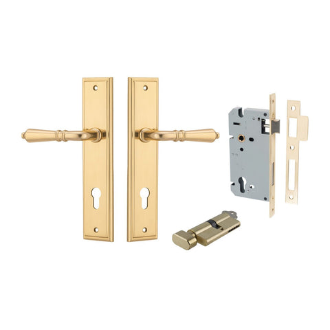 IVER Sarlat Door Lever Handle On Stepped Backplate | Entrance Kit (Key/Thumb) | 10 Finishes - Polished Brass