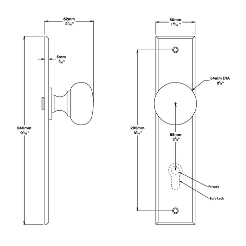 IVER Cambridge Door Knob On Chamfered Backplate | Entrance Kit (Key/Thumb) | 8 Finishes