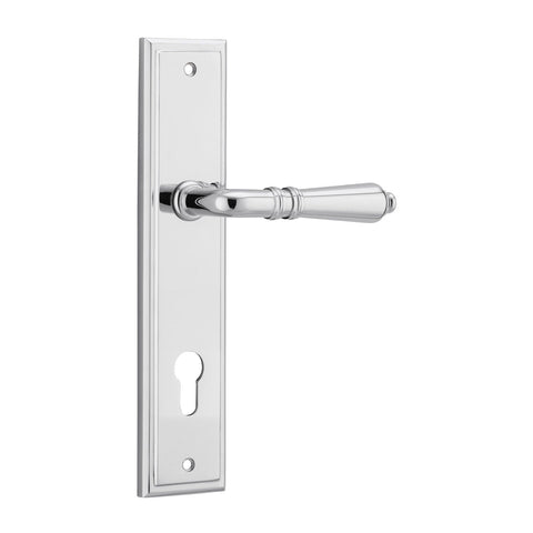 IVER Sarlat Door Lever Handle On Stepped Backplate | Entrance Lever Set Only | 10 Finishes - Polished Chrome