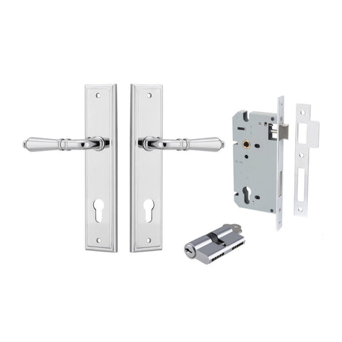 IVER Sarlat Door Lever Handle On Stepped Backplate | Entrance Kit (Key/Key) | 10 Finishes - Polished Chrome