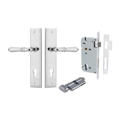 IVER Sarlat Door Lever Handle On Stepped Backplate | Entrance Kit (Key/Thumb) | 10 Finishes - Polished Chrome