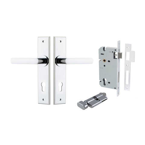 IVER Osaka Door Lever Handle On Chamfered Backplate | Entrance Kit (Key/Thumb) | 6 Finishes - Polished Chrome
