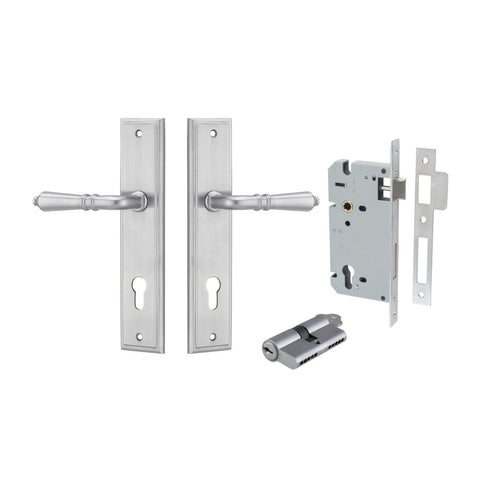 IVER Sarlat Door Lever Handle On Stepped Backplate | Entrance Kit (Key/Key) | 10 Finishes - Brushed Chrome