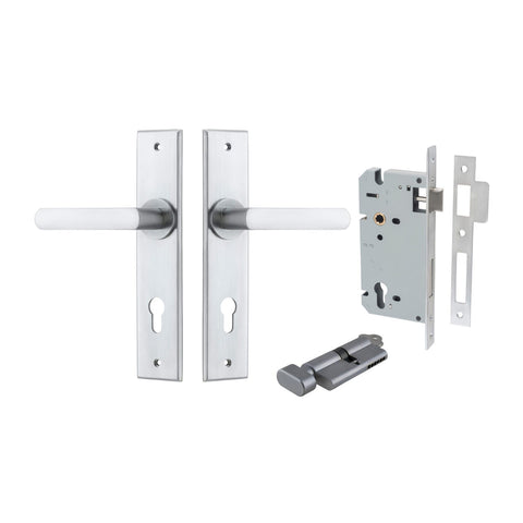 IVER Osaka Door Lever Handle On Chamfered Backplate | Entrance Kit (Key/Thumb) | 6 Finishes - Brushed Chrome